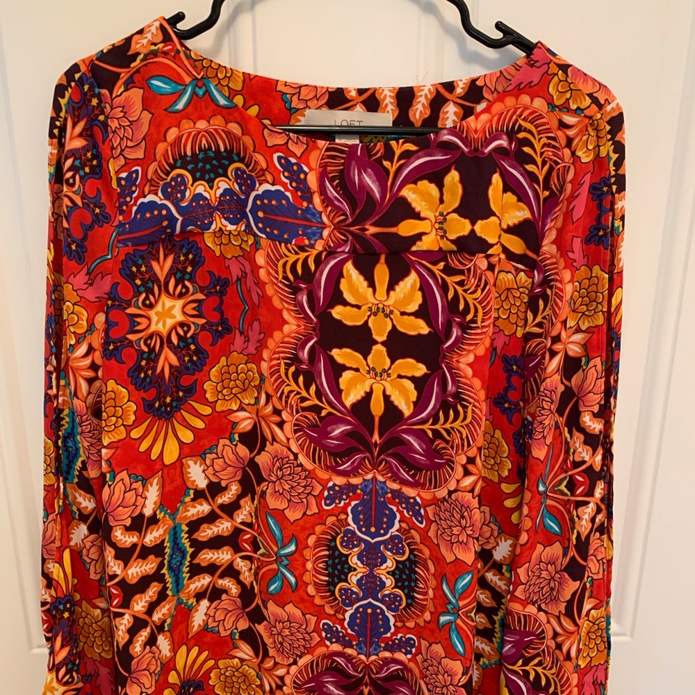 LOFT Orange Multi-Color Floral Print Long Sleeve Top